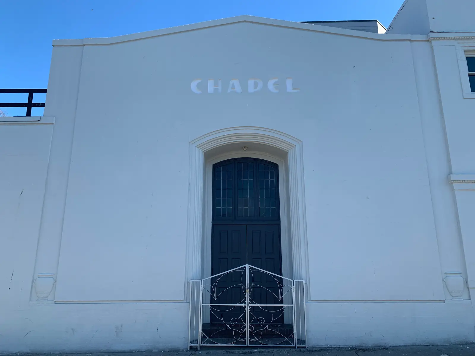 The white heritage chapel facade of the Chapel Arts studio on Dunlevy Avenue, East Vancouver