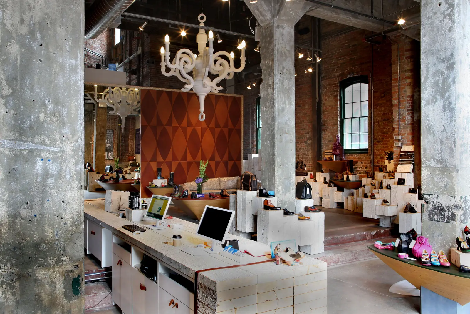 Custom retail fixtures at the John Fluevog store in Toronto's Distillery District