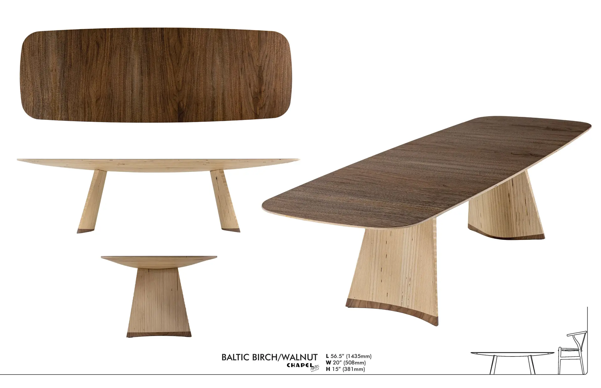 Specification sheet for the Swell coffee table in Baltic birch and walnut, the laminated plies left exposed on the base — 56.5 by 20 by 15 inches