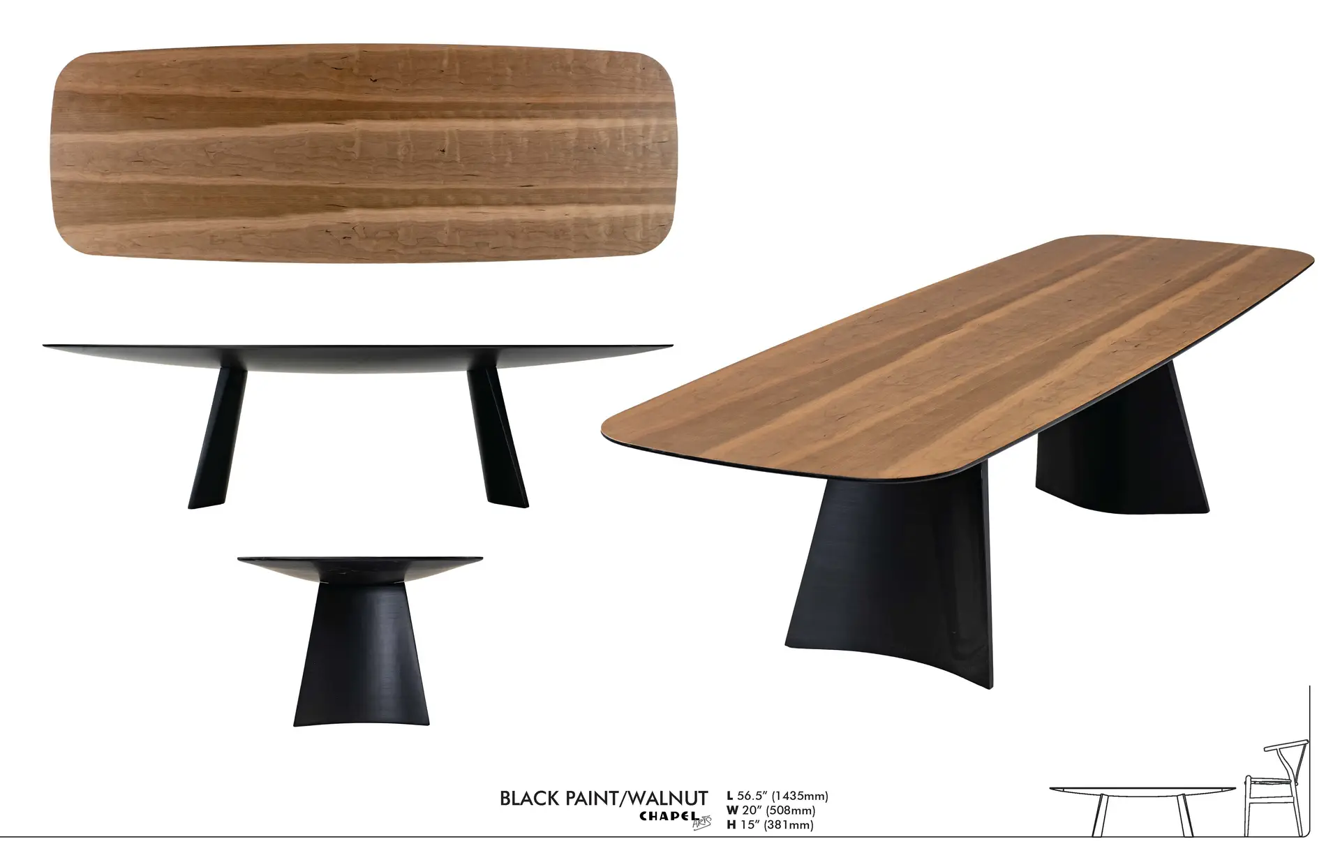 Specification sheet for the Swell coffee table with a walnut top on a black-painted base — 56.5 by 20 by 15 inches