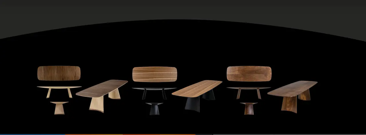 The Swell Collection — a lineup of sculpted solid-wood dining and coffee tables by Chapel Arts, photographed against black