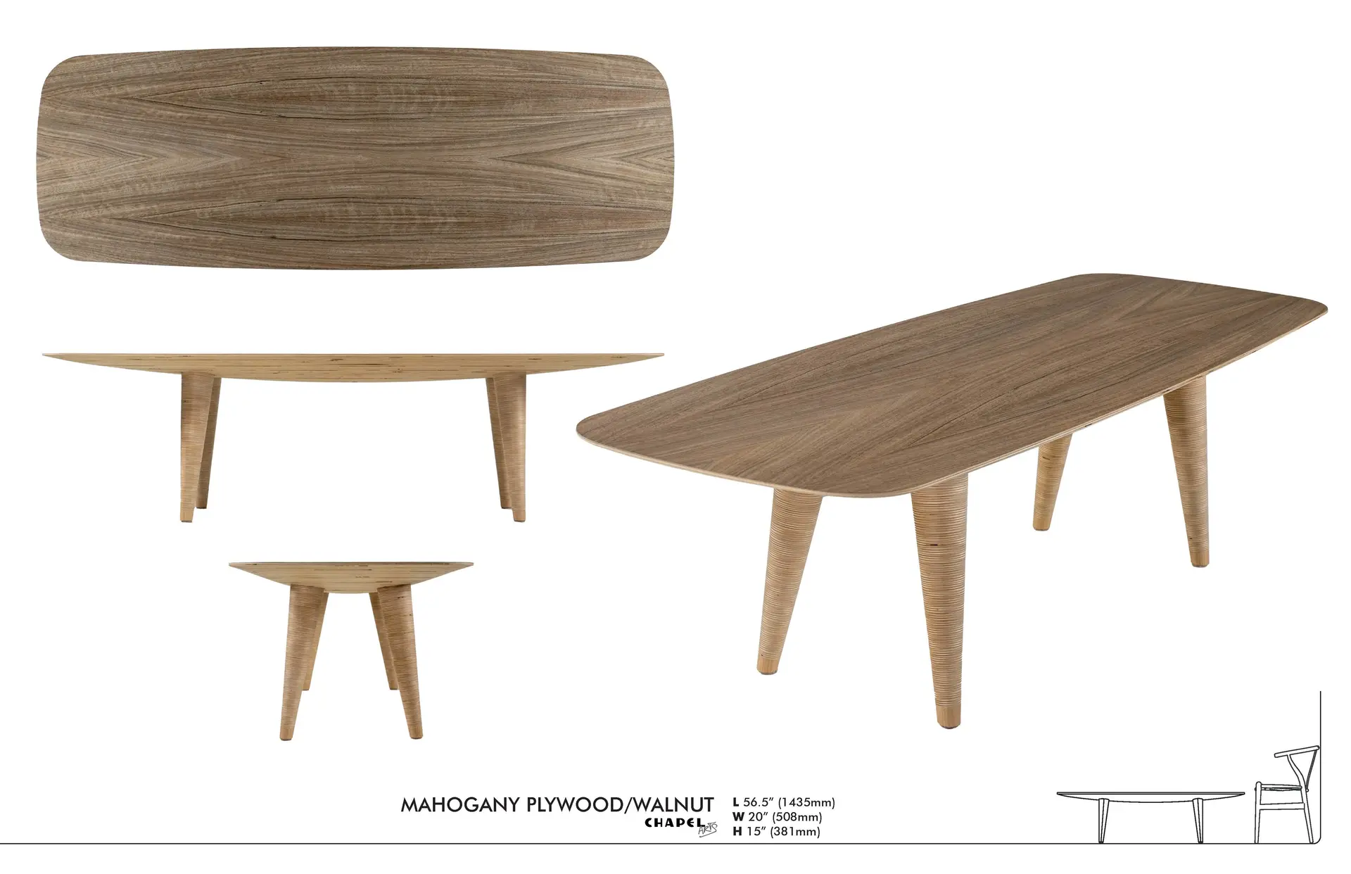 Specification sheet for the Swell coffee table in mahogany plywood and walnut, with turned tapered legs — 56.5 by 20 by 15 inches