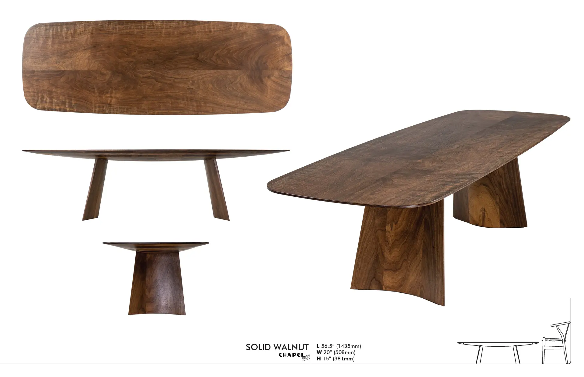 Specification sheet for the Swell coffee table in solid walnut — top, side and three-quarter views, 56.5 by 20 by 15 inches