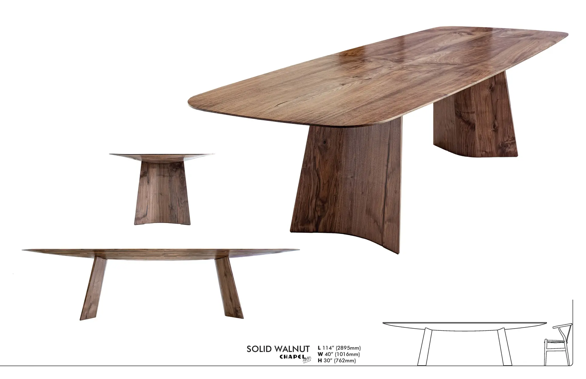 Specification sheet for the Swell dining table in solid walnut — top, side and three-quarter views, 114 by 40 by 30 inches