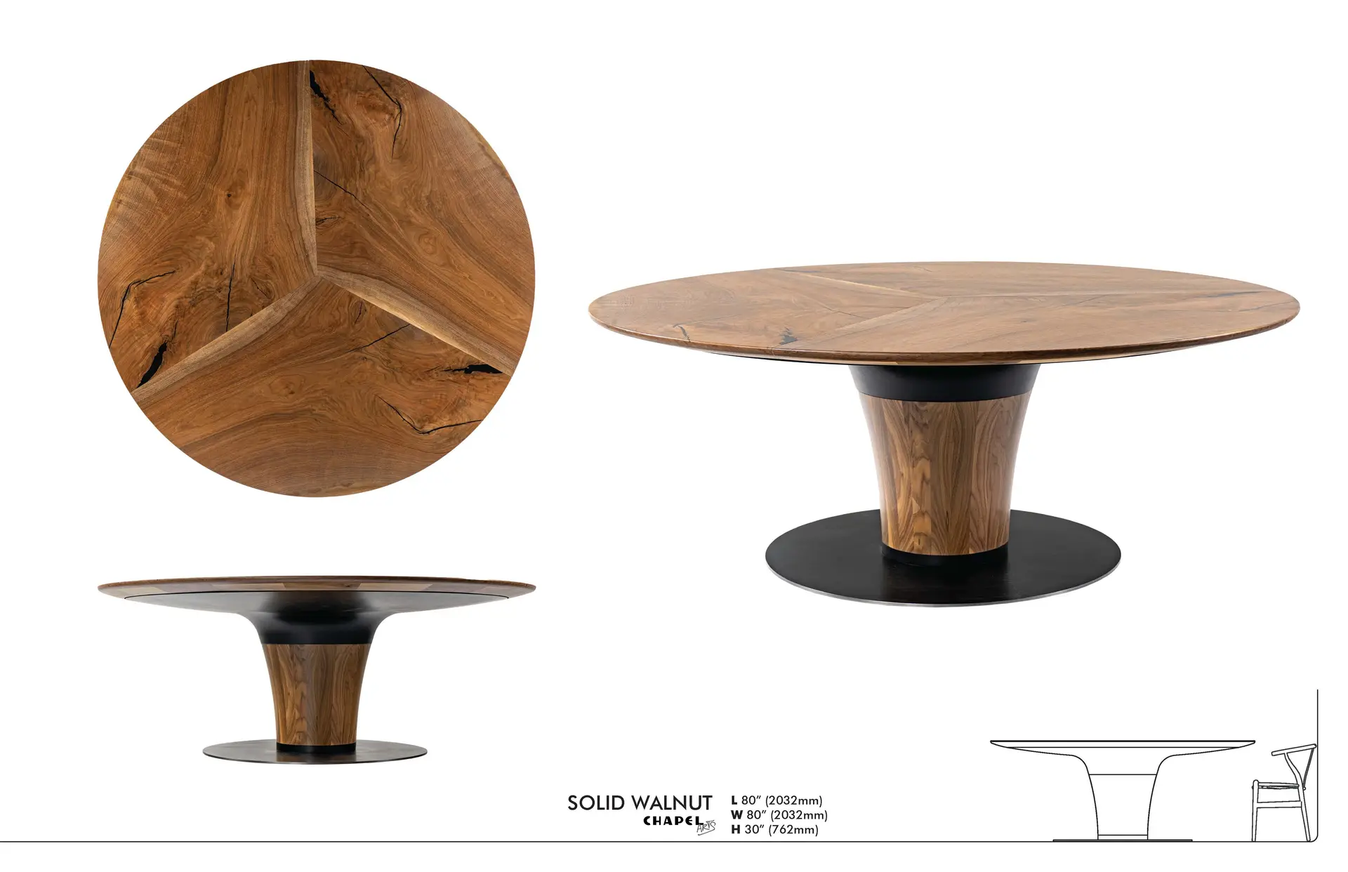 Specification sheet for the round Swell table in solid walnut on a blackened steel base — top, side and three-quarter views, 80 inches across and 30 inches high