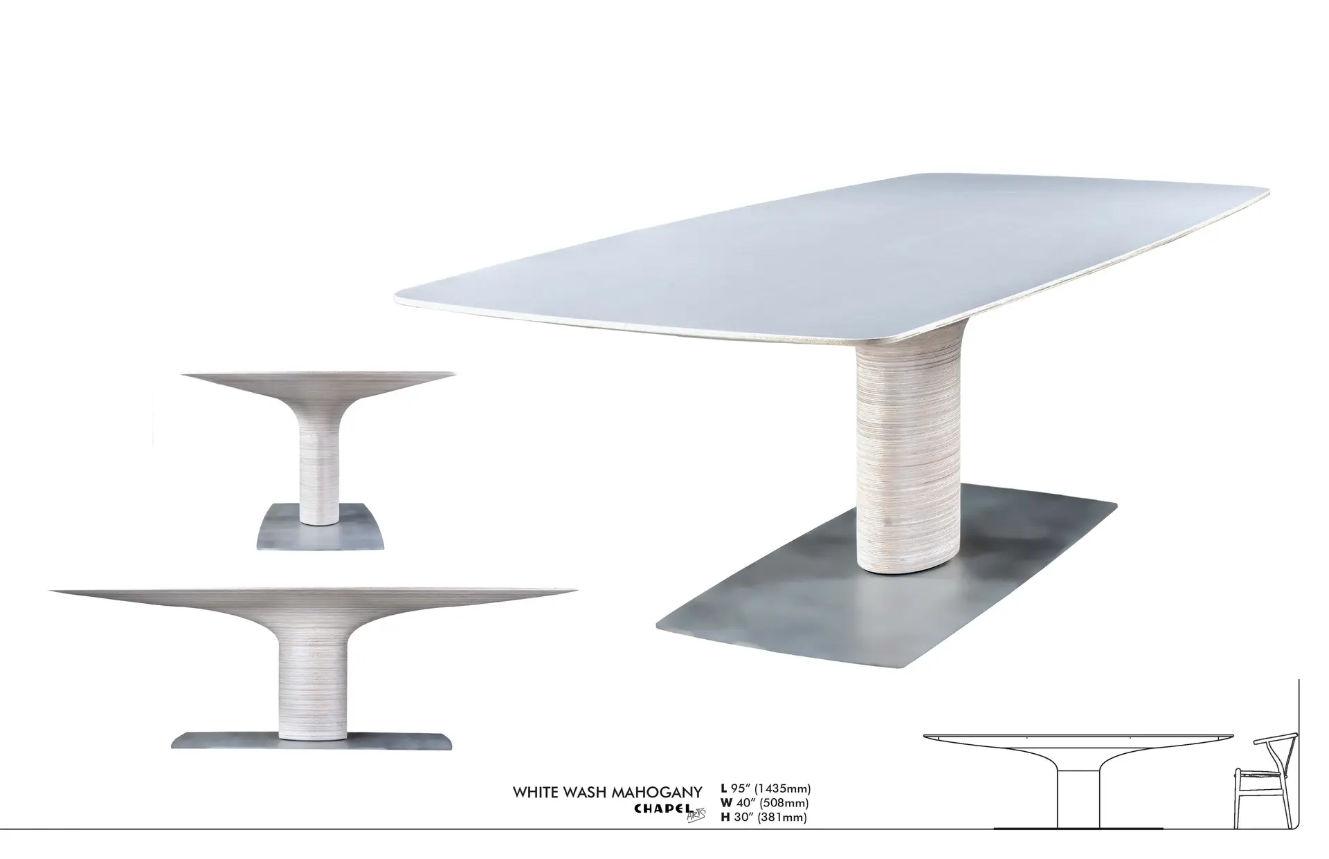 Specification sheet for the Swell dining table in white-wash mahogany on a steel plinth — 95 by 40 by 30 inches